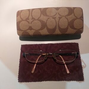 COACH Brown Patterned Eyeglass Case with Glasses and Cloth